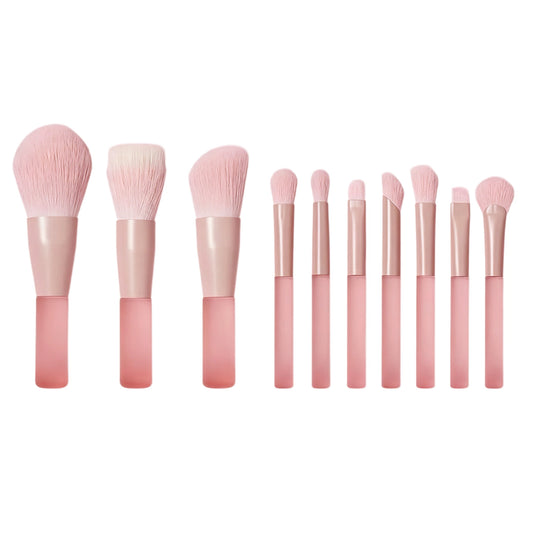 This Semi‑Sugar Peach mini makeup brush set comes with 10 pieces. Each compact brush measures 10‑11 cm long, portable enough to fit in your palm for on‑the‑go touch‑ups. The soft pink‑toned bristles work great for beginners to finish all kinds of makeup looks.