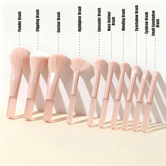 This Semi‑Sugar Peach mini makeup brush set comes with 10 pieces. Each compact brush measures 10‑11 cm long, portable enough to fit in your palm for on‑the‑go touch‑ups. The soft pink‑toned bristles work great for beginners to finish all kinds of makeup looks.