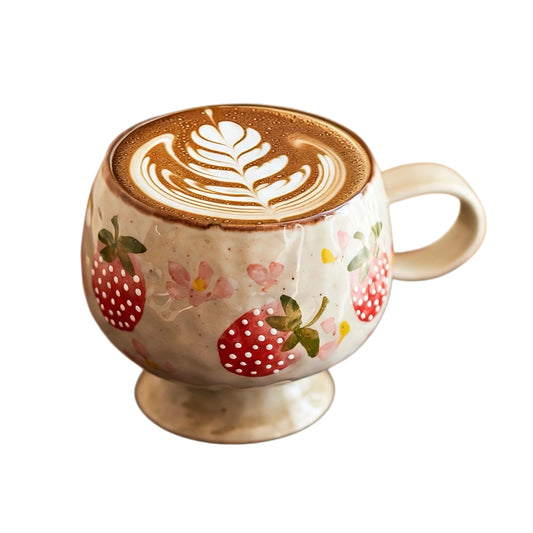 This vintage‑style ceramic coffee cup features hand‑painted vivid strawberry and floral patterns all over its textured surface. Its unique goblet‑shaped design with a short pedestal base brings a warm retro vibe. It is perfect for latte, cappuccino and daily beverage enjoyment.