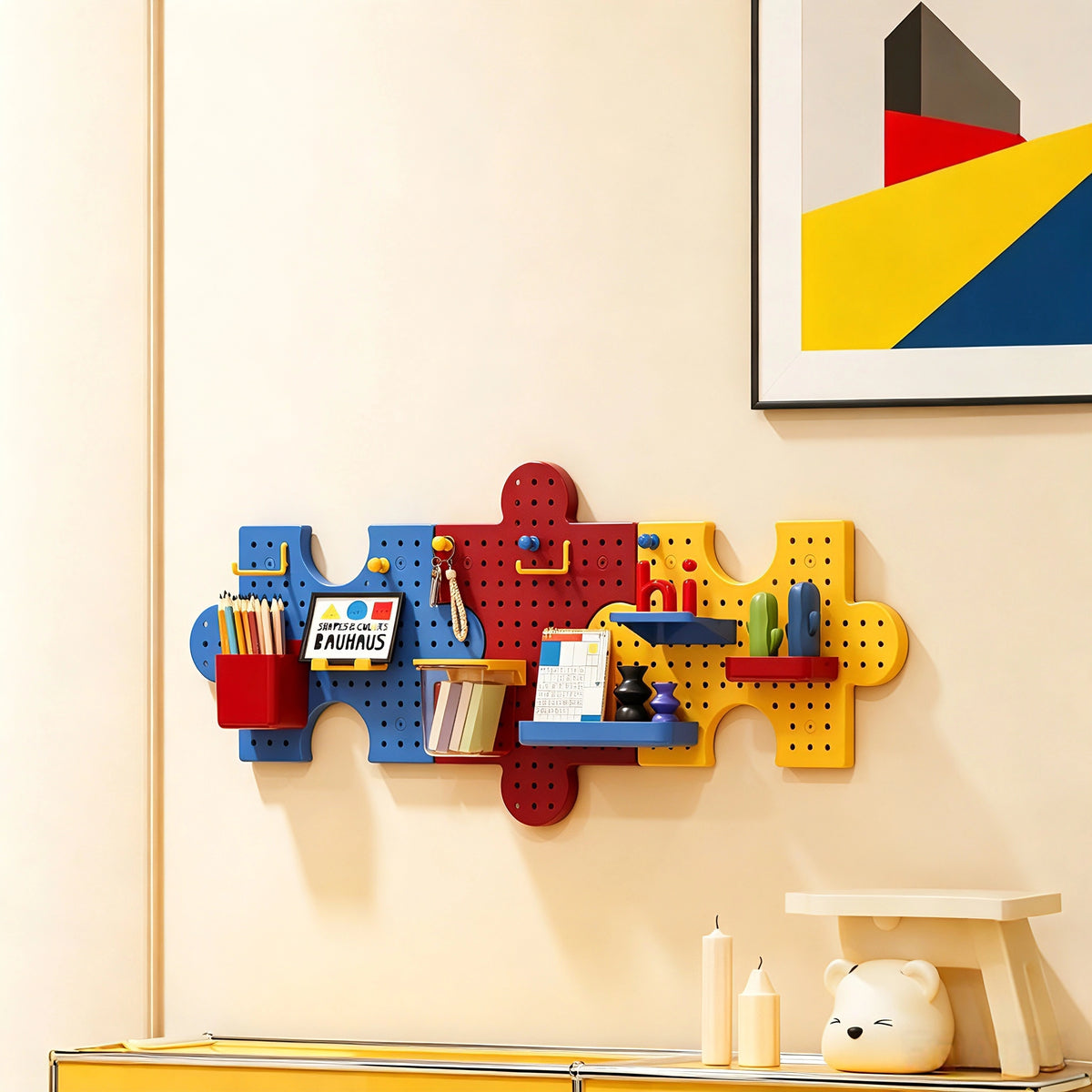 This dopamine‑style puzzle pegboard brings bold, vibrant colors to your wall decor. It features interlocking puzzle‑shaped panels and comes with various matching accessories for flexible storage. No drilling is needed, letting you easily organize small items while sprucing up your room.