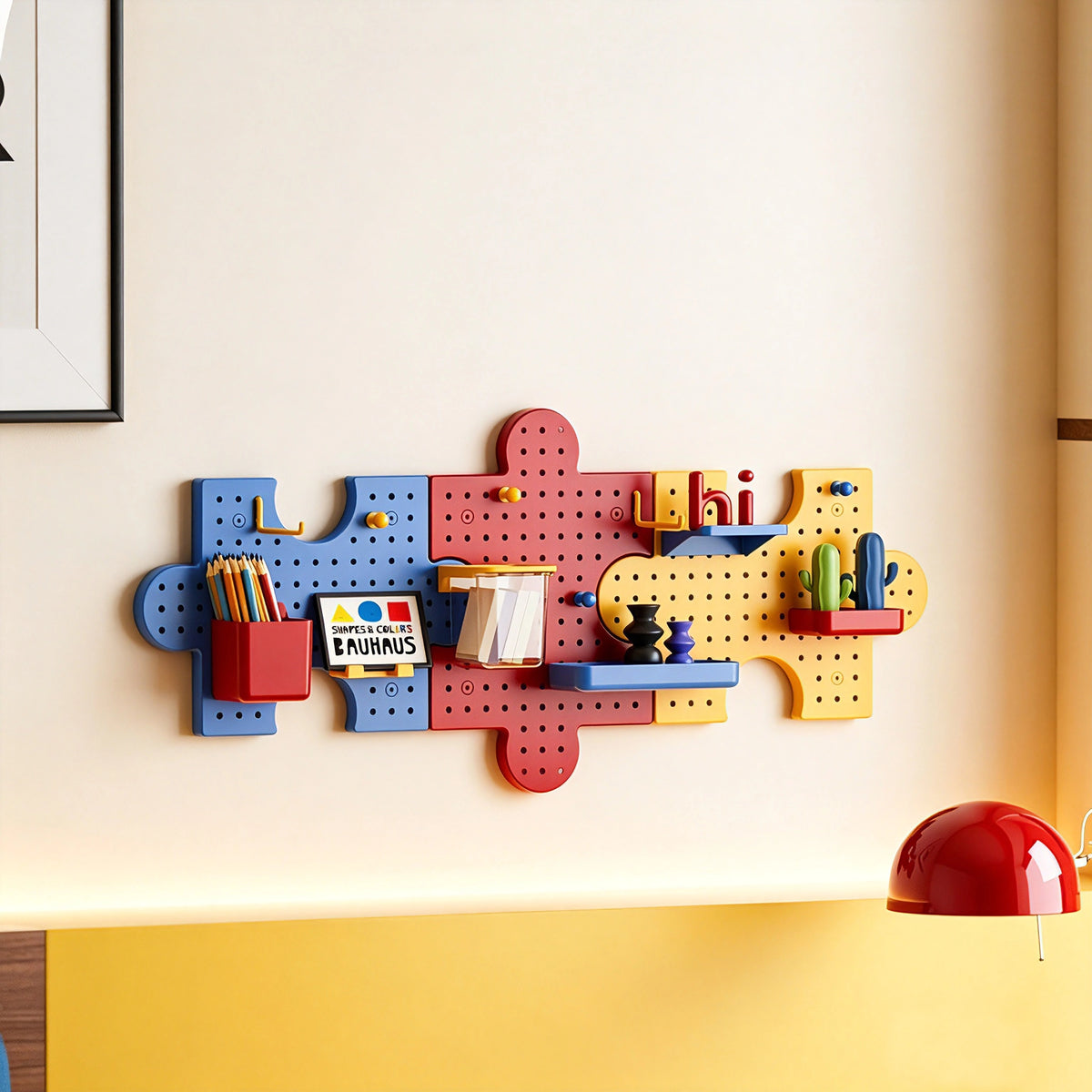 This dopamine‑style puzzle pegboard brings bold, vibrant colors to your wall decor. It features interlocking puzzle‑shaped panels and comes with various matching accessories for flexible storage. No drilling is needed, letting you easily organize small items while sprucing up your room.