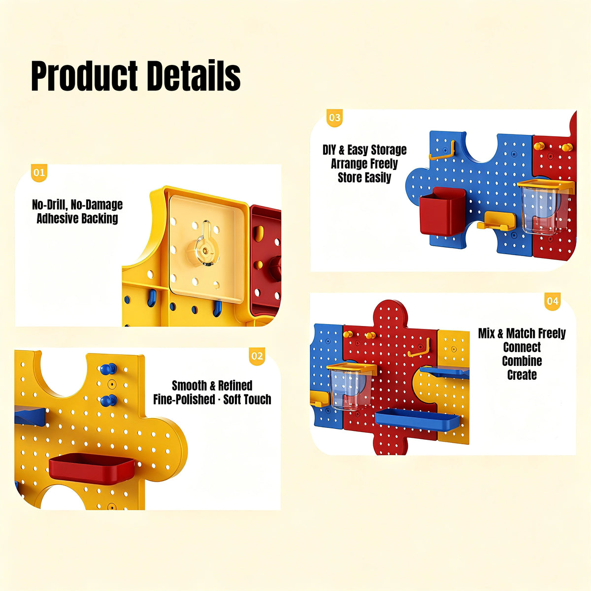 This dopamine‑style puzzle pegboard brings bold, vibrant colors to your wall decor. It features interlocking puzzle‑shaped panels and comes with various matching accessories for flexible storage. No drilling is needed, letting you easily organize small items while sprucing up your room.