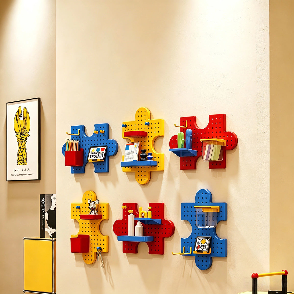 This dopamine‑style puzzle pegboard brings bold, vibrant colors to your wall decor. It features interlocking puzzle‑shaped panels and comes with various matching accessories for flexible storage. No drilling is needed, letting you easily organize small items while sprucing up your room.