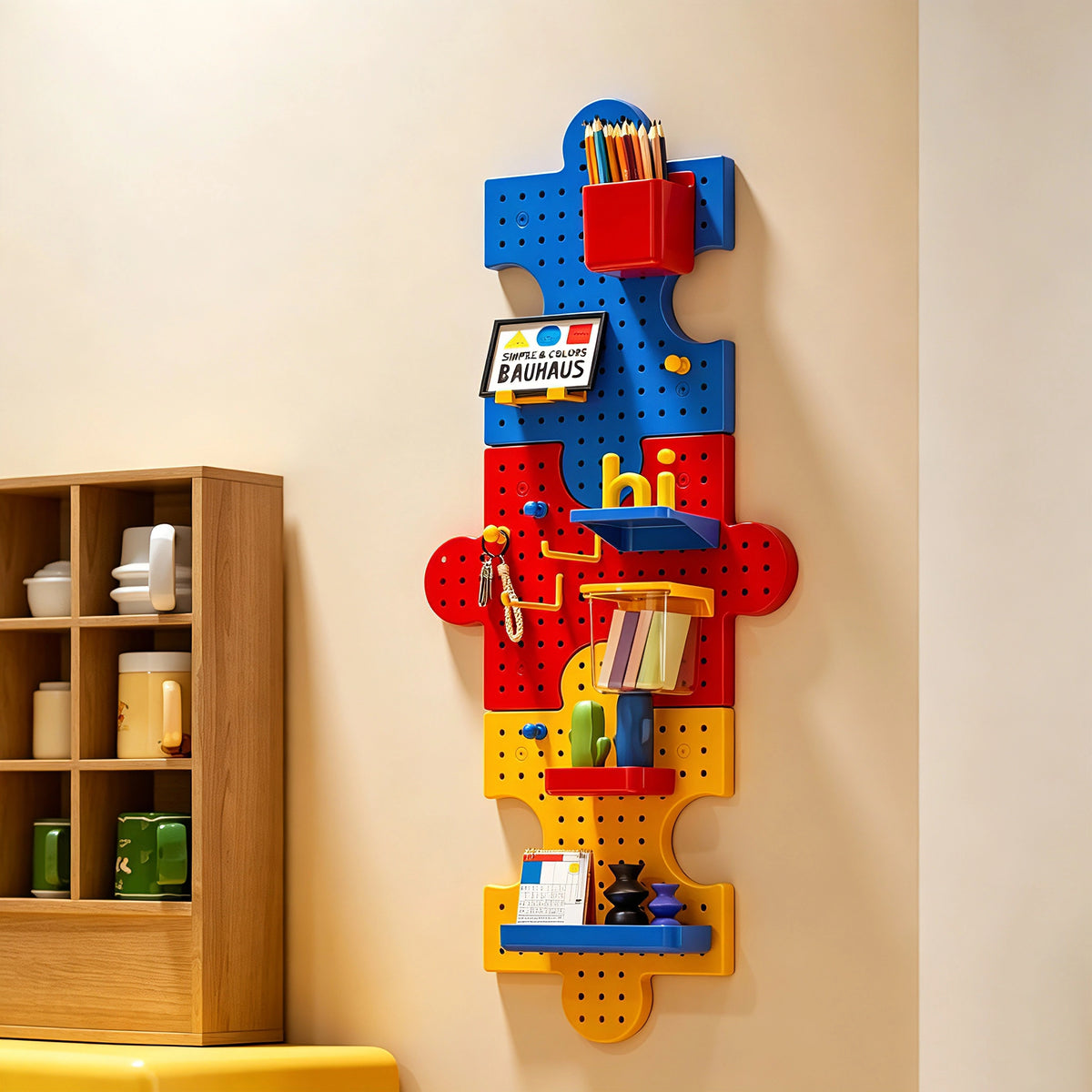 This dopamine‑style puzzle pegboard brings bold, vibrant colors to your wall decor. It features interlocking puzzle‑shaped panels and comes with various matching accessories for flexible storage. No drilling is needed, letting you easily organize small items while sprucing up your room.