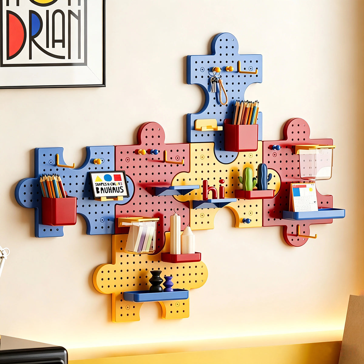 This dopamine‑style puzzle pegboard brings bold, vibrant colors to your wall decor. It features interlocking puzzle‑shaped panels and comes with various matching accessories for flexible storage. No drilling is needed, letting you easily organize small items while sprucing up your room.