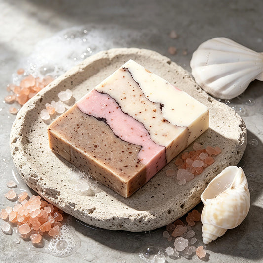 This handmade cold‑process facial soap features beautiful layered pastel tones, blending soft white, beige, pink and earthy brown hues. Infused with gardenia fragrance, it gently cleanses skin while retaining natural moisture. Crafted with fine natural particles, it delivers a mild exfoliating experience for daily facial care.
