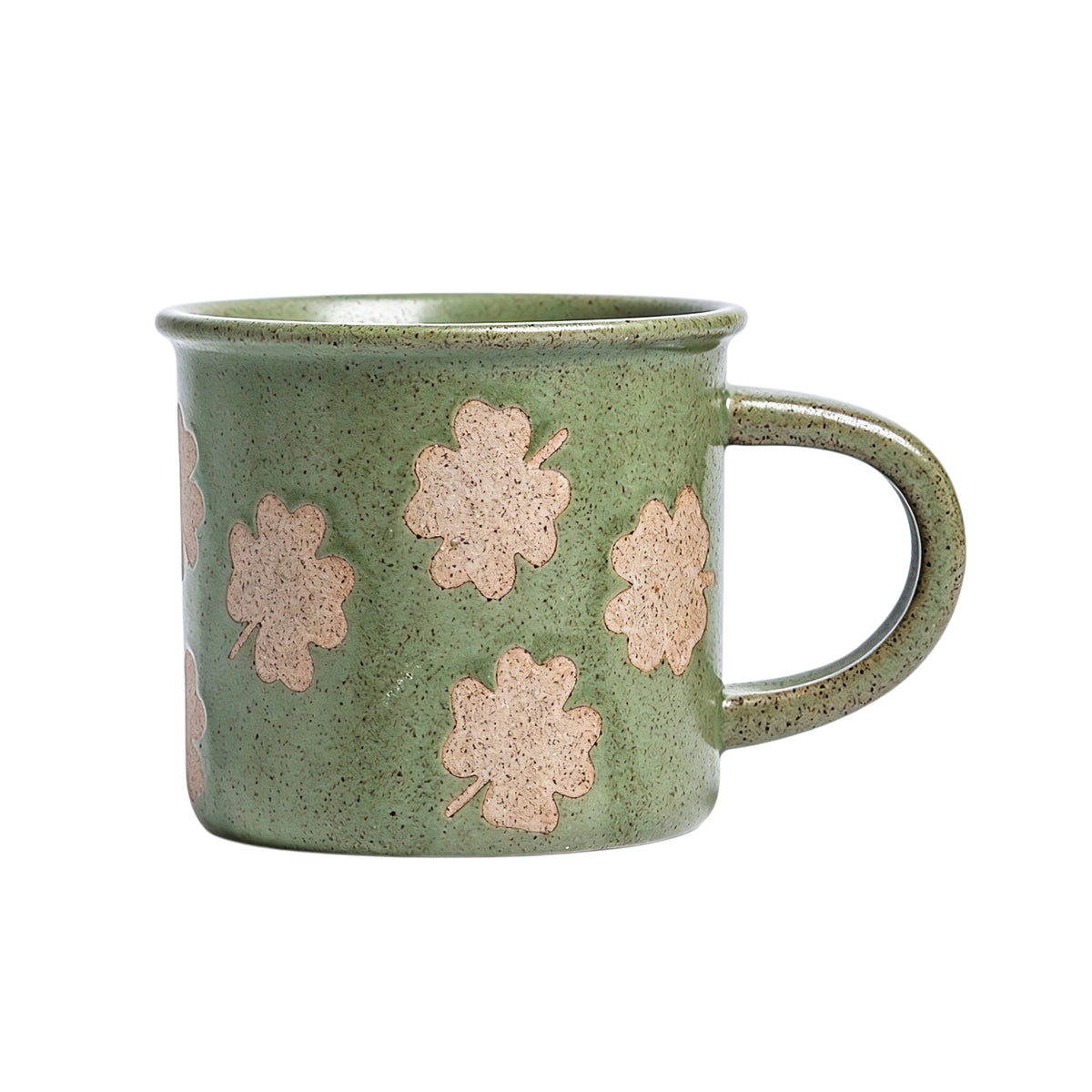This vintage rough‑ceramic coffee mug comes in two styles, featuring a muted green speckled glaze full of rustic charm. One version is decorated with delicate four‑leaf clover patterns, while the other adopts a two‑tone color‑block design. It is ideal for enjoying coffee, tea, and daily hot drinks.