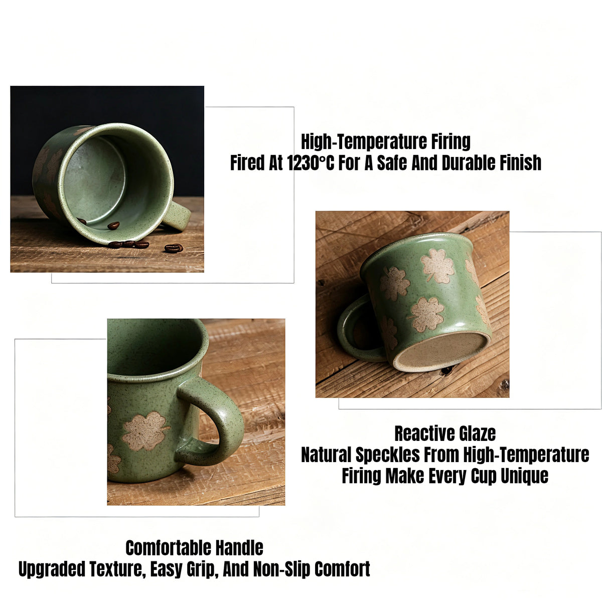 This vintage rough‑ceramic coffee mug comes in two styles, featuring a muted green speckled glaze full of rustic charm. One version is decorated with delicate four‑leaf clover patterns, while the other adopts a two‑tone color‑block design. It is ideal for enjoying coffee, tea, and daily hot drinks.