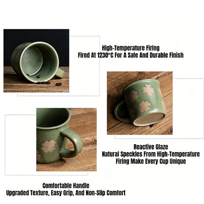 This vintage rough‑ceramic coffee mug comes in two styles, featuring a muted green speckled glaze full of rustic charm. One version is decorated with delicate four‑leaf clover patterns, while the other adopts a two‑tone color‑block design. It is ideal for enjoying coffee, tea, and daily hot drinks.