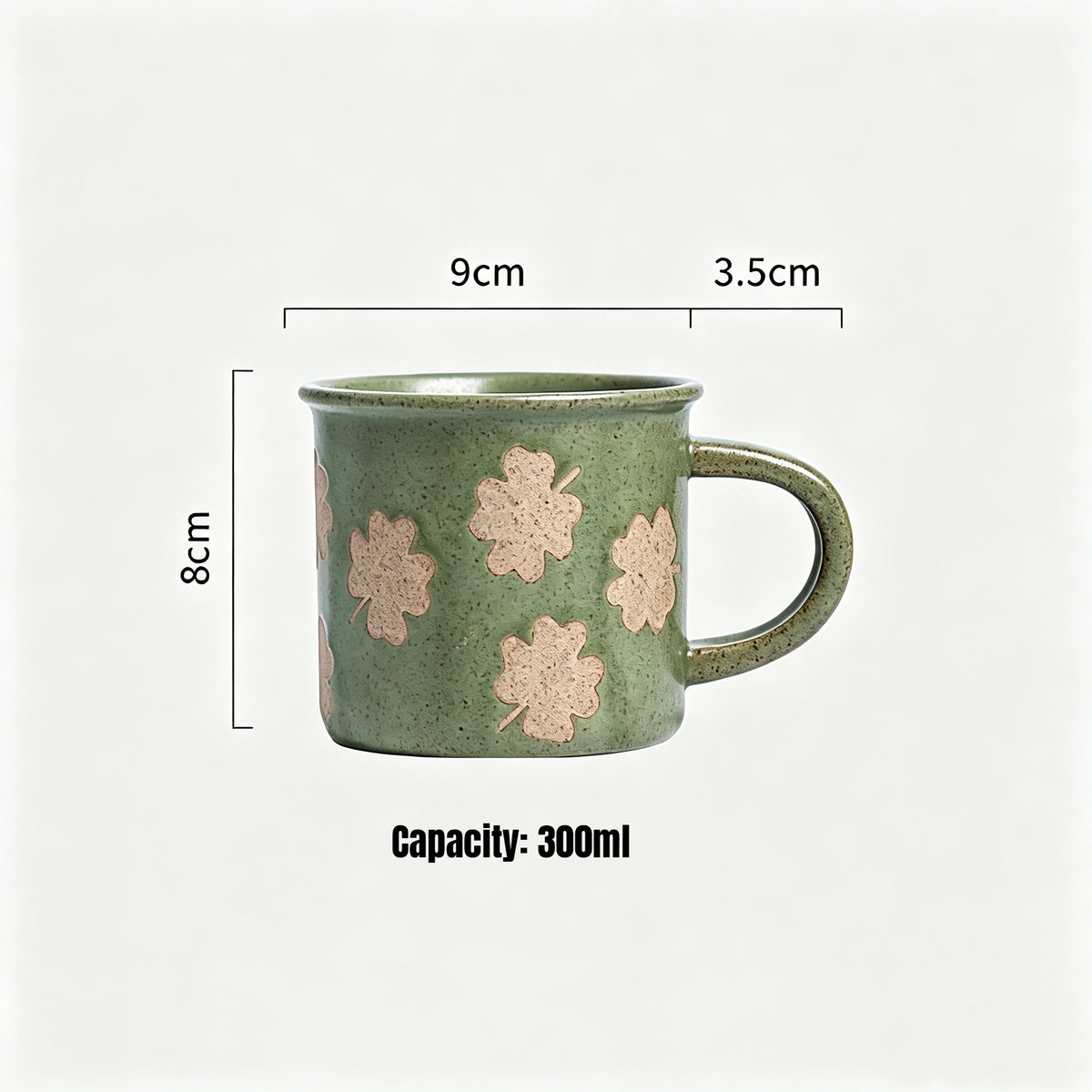 This vintage rough‑ceramic coffee mug comes in two styles, featuring a muted green speckled glaze full of rustic charm. One version is decorated with delicate four‑leaf clover patterns, while the other adopts a two‑tone color‑block design. It is ideal for enjoying coffee, tea, and daily hot drinks.