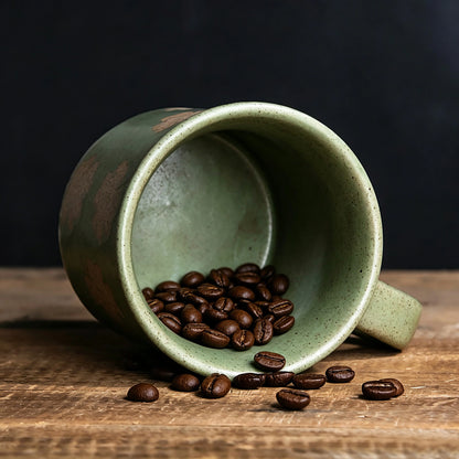 This vintage rough‑ceramic coffee mug comes in two styles, featuring a muted green speckled glaze full of rustic charm. One version is decorated with delicate four‑leaf clover patterns, while the other adopts a two‑tone color‑block design. It is ideal for enjoying coffee, tea, and daily hot drinks.