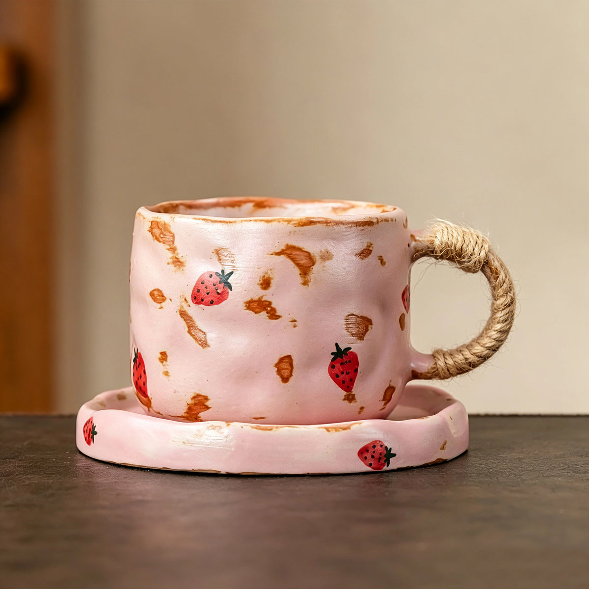 These vintage kiln‑change ceramic mugs feature unique dripping glaze rims and textured hand‑thrown bodies. The handles are wrapped with natural jute rope, adding a rustic artisanal touch. Available in multiple charming colorways, they make lovely daily coffee and tea drinking sets.