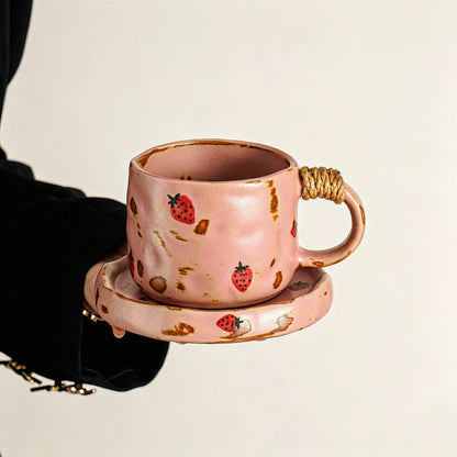 These vintage kiln‑change ceramic mugs feature unique dripping glaze rims and textured hand‑thrown bodies. The handles are wrapped with natural jute rope, adding a rustic artisanal touch. Available in multiple charming colorways, they make lovely daily coffee and tea drinking sets.