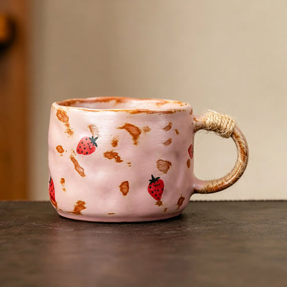These vintage kiln‑change ceramic mugs feature unique dripping glaze rims and textured hand‑thrown bodies. The handles are wrapped with natural jute rope, adding a rustic artisanal touch. Available in multiple charming colorways, they make lovely daily coffee and tea drinking sets.