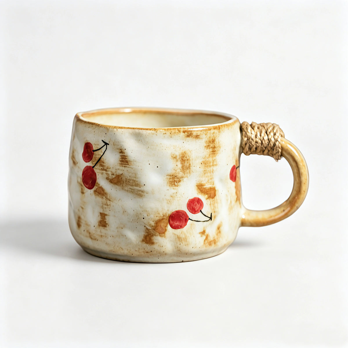 These vintage kiln‑change ceramic mugs feature unique dripping glaze rims and textured hand‑thrown bodies. The handles are wrapped with natural jute rope, adding a rustic artisanal touch. Available in multiple charming colorways, they make lovely daily coffee and tea drinking sets.