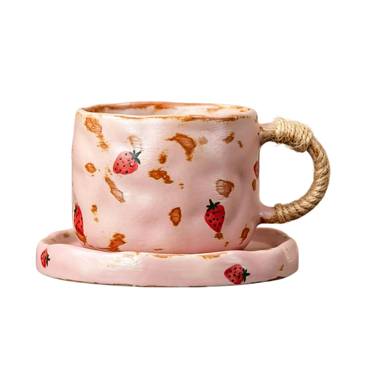  These vintage kiln‑change ceramic mugs feature unique dripping glaze rims and textured hand‑thrown bodies. The handles are wrapped with natural jute rope, adding a rustic artisanal touch. Available in multiple charming colorways, they make lovely daily coffee and tea drinking sets.
