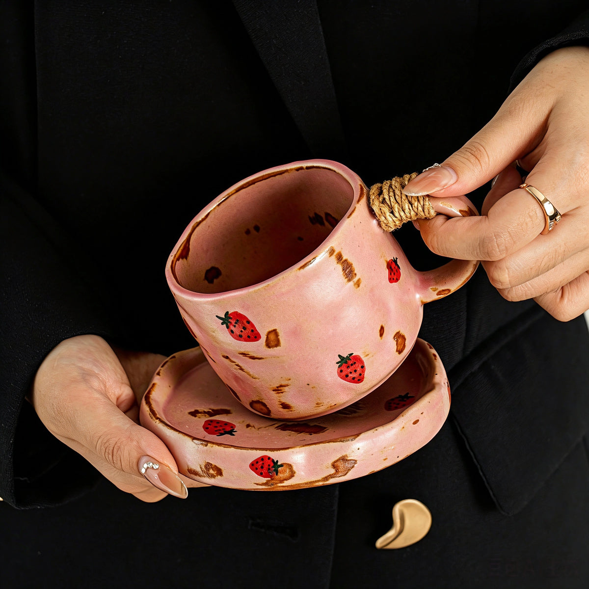 These vintage kiln‑change ceramic mugs feature unique dripping glaze rims and textured hand‑thrown bodies. The handles are wrapped with natural jute rope, adding a rustic artisanal touch. Available in multiple charming colorways, they make lovely daily coffee and tea drinking sets.