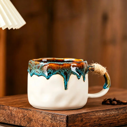 These vintage kiln‑change ceramic mugs feature unique dripping glaze rims and textured hand‑thrown bodies. The handles are wrapped with natural jute rope, adding a rustic artisanal touch. Available in multiple charming colorways, they make lovely daily coffee and tea drinking sets.